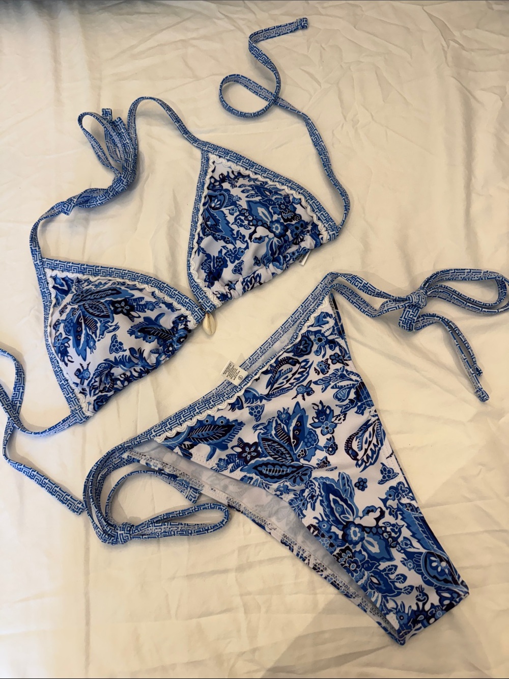 Blue and White Dutch Floral String Bikini Set M NEW in package